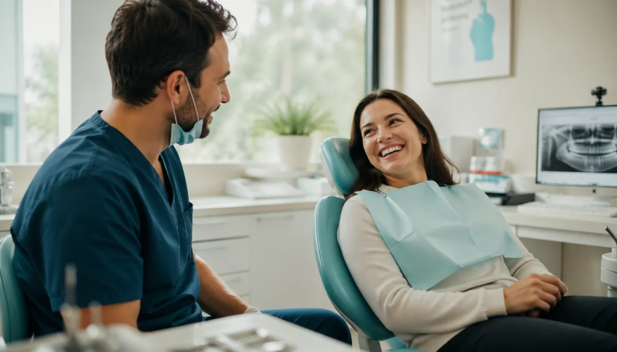 Friendly dentist speaking with a smiling patient at Oxford Dental Centre